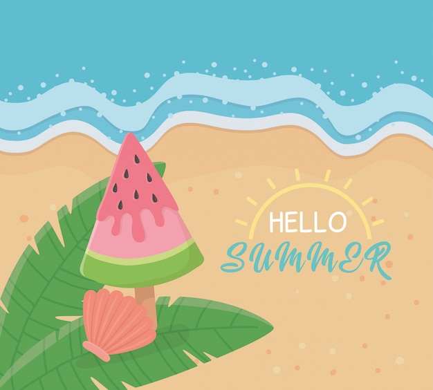 Hola cartel de verano con escena de playa y sandía.