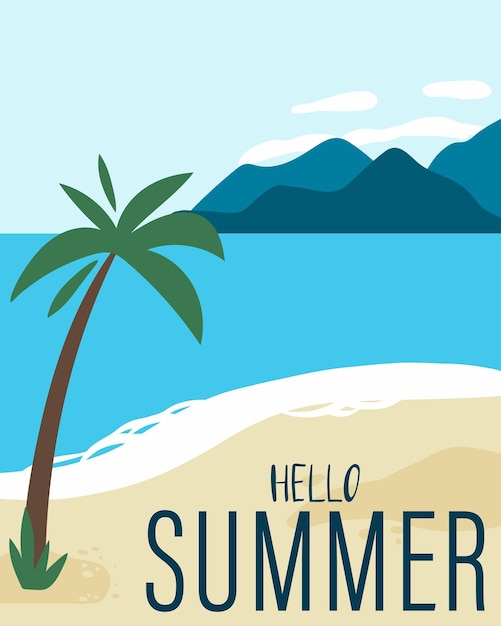 Hola cartel de verano Playa con palmeras Montañas de arena y océano paraíso paisaje tarjeta de vacaciones de verano con fondo de viaje de texto Banner de resort tropical Ilustración de playa vectorial