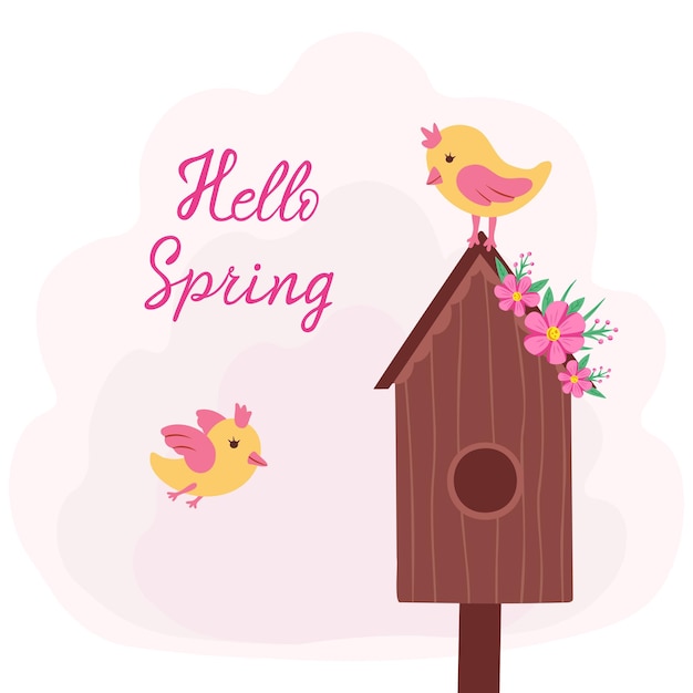 Hola, casa de pájaros de primavera con pájaros pequeños Ilustración dibujada a mano