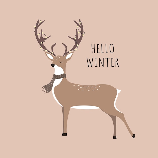 Hola, ciervo de Navidad de invierno con guirnalda y bufanda Ilustración vectorial plana
