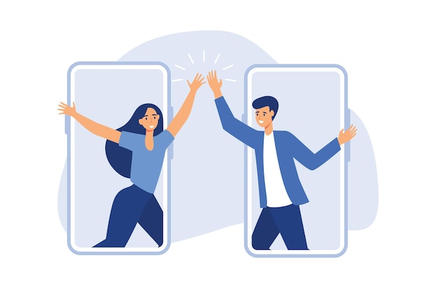 Hola cinco virtuales para una colaboración exitosa feliz hombre de negocios y empresaria hola cinco de TELÉFONO