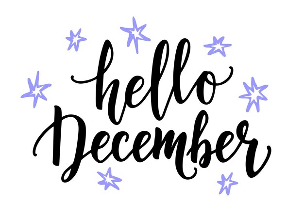 Hola cita de diciembre aislado sobre fondo blanco. Tarjeta inspiradora de invierno hecha a mano. Ilustración de vector de letras