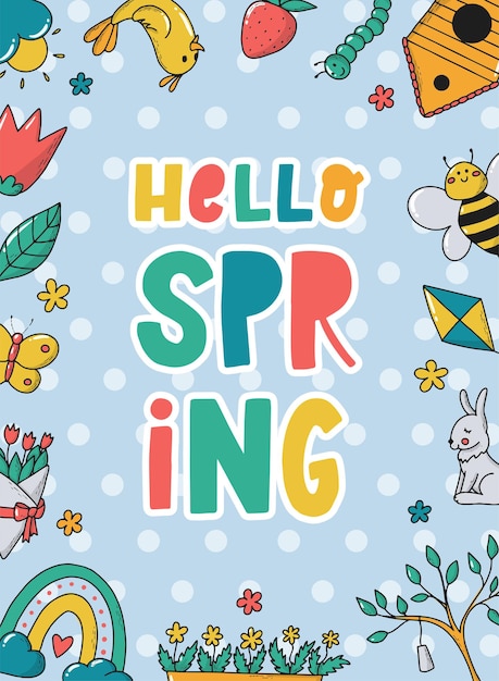Hola cita de letras de primavera con marco de garabatos