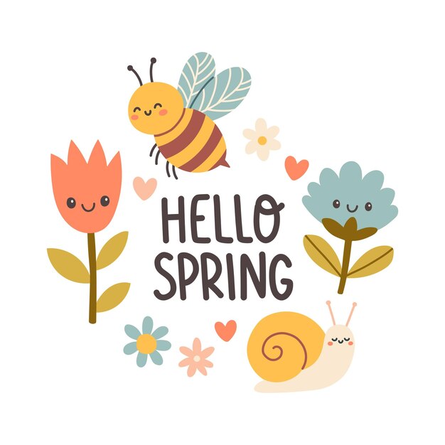 Vector hola, citas de primavera diseño de impresiones dibujadas a mano florales de primavera frases positivas para tarjetas adhesivas