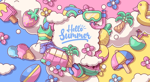 Hola colección de verano Ilustración vectorial de coloridos y divertidos símbolos de verano de garabatos como flamencos, helados, palmeras, gafas de sol, cactus, tablas de surf, piña y sandía.