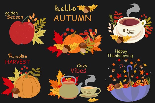 Hola collage de otoño con acogedores elementos de otoño incluyendo manzanas calabazas té café hojas coloridas