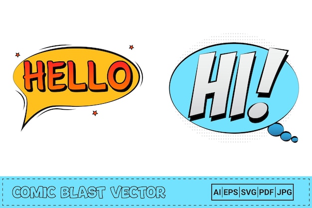 Hola cómic pop-up con color rojo y amarillo. Hola explosión cómica con color blanco y azul. Explosión de ráfaga cómica. Hola texto emergente con burbuja para discursos de dibujos animados. Vector de explosión de discurso cómico.