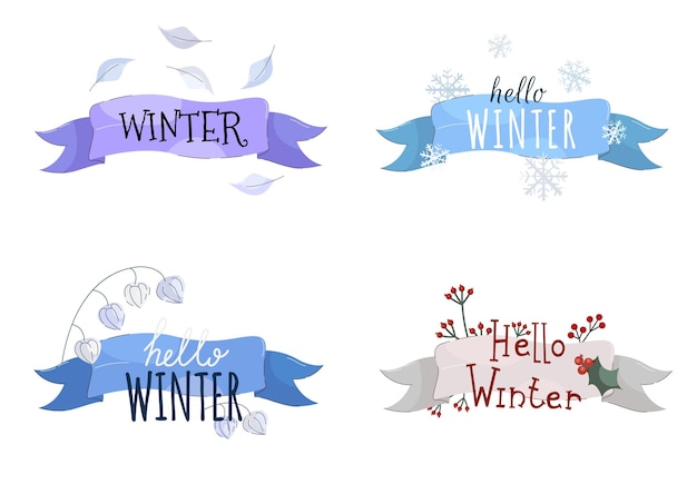 Vector hola composiciones de letras de invierno con copos de nieve, acebo y cinta.