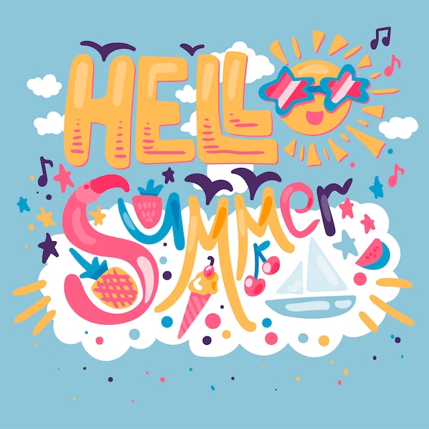 Hola concepto de verano con frutas, helado, flamencos, yate y vector de sol
