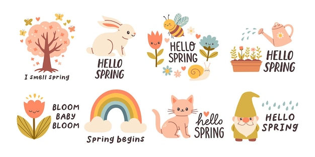 Hola, conjunto de citas de primavera Diseño de impresiones dibujadas a mano florales de primavera Frases positivas para pegatinas