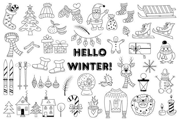 Hola conjunto de doodle de invierno. dibujado a mano elementos de invierno y navidad.