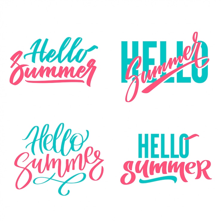 Vector hola conjunto de impresión gráfico de verano, escritura a mano brillante, letras, caligrafía, tipografía.