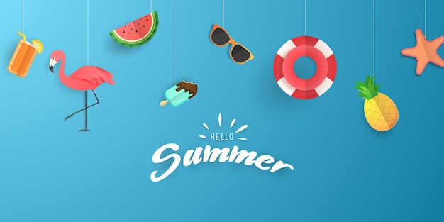 Hola decoración de verano Ilustración vectorial de un salvavidas helado sandía gafas de sol estilo papel flamenco