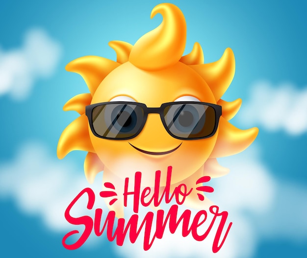 Hola diseño de banner de vector de verano Hola texto de verano con carácter de sol en una sonrisa