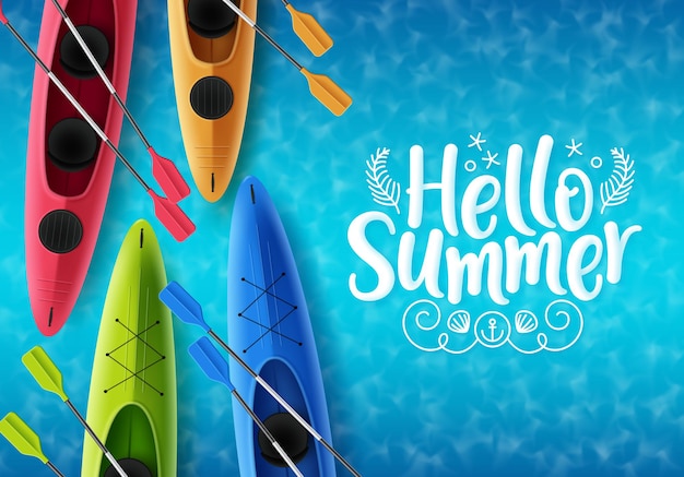 Hola diseño de banner de vector de verano Hola texto de verano con elementos de barco de kayak flotante colorido