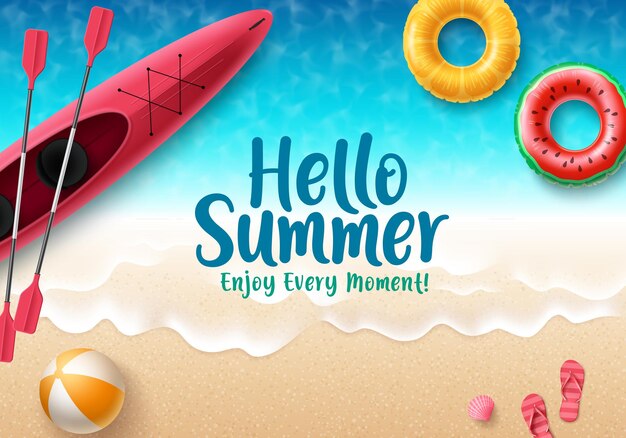 Hola diseño de banner de vector de verano Hola texto de verano con elementos coloridos de playa como pelota de playa