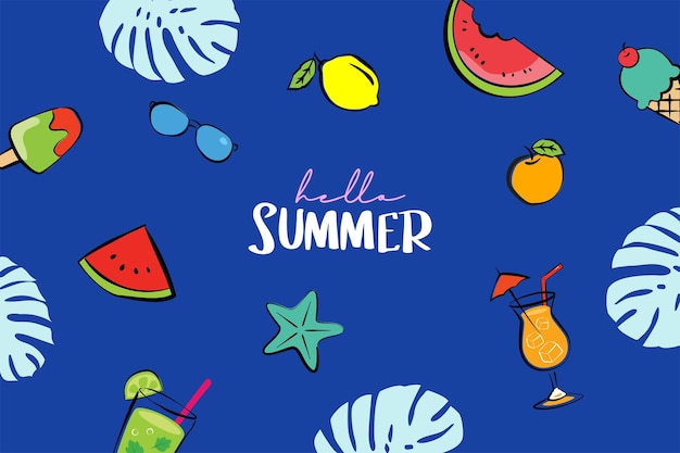 Hola diseño de banners de verano estilo dibujado a mano Verano con garabatos y elementos de objetos