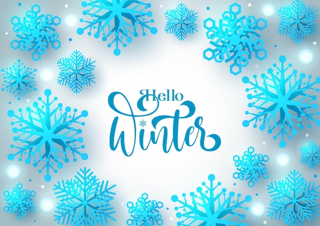 Hola diseño de fondo de vector de invierno Hola texto de invierno con elemento de copos de nieve con blanco vacío