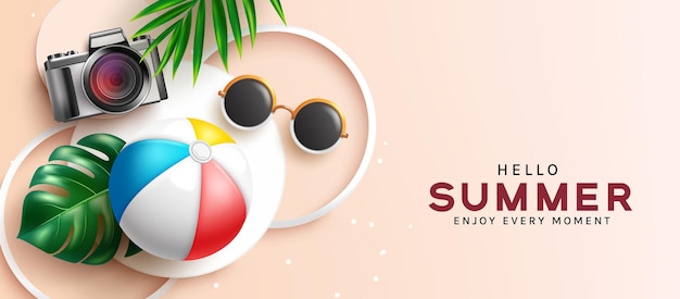 Hola diseño de fondo de vector de verano Hola texto de verano con cámara de pelota de playa y gafas de sol