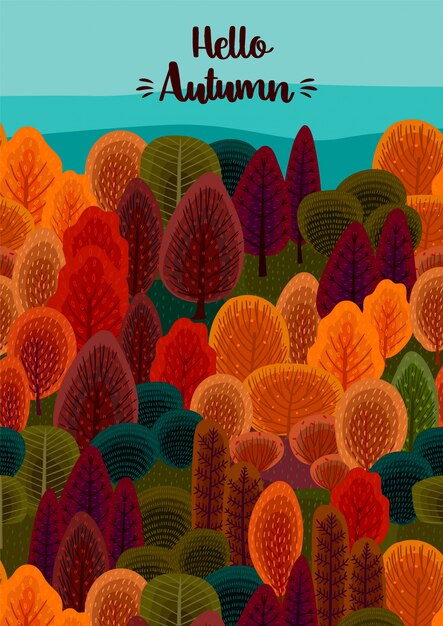 Hola diseño de otoño con ilustración de bosque otoñal