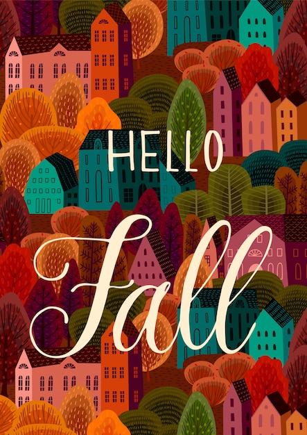 Vector hola diseño de otoño con ilustración de ciudad de otoño