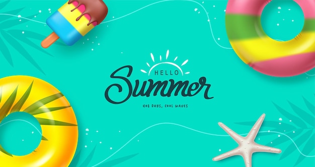 Hola diseño de plantilla vectorial de texto de verano con elementos vectoriales de verano