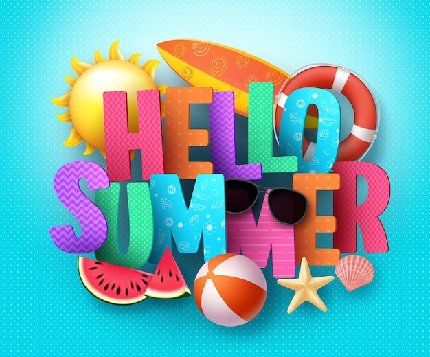 Vector hola diseño de saludo de banner de vector de verano con tipografía de texto 3d y coloridos elementos de playa
