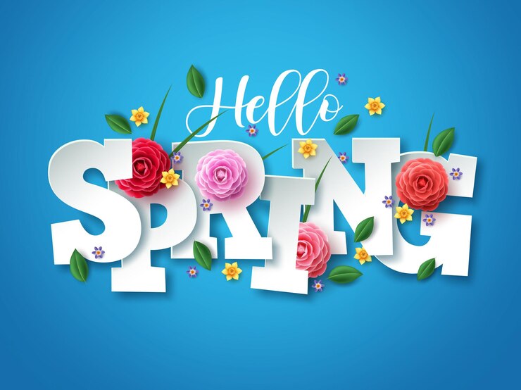 Vector hola diseño de saludos vectoriales de primavera. texto de primavera con elementos florales coloridos como camelia, narcisos.