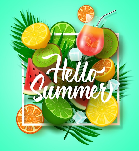 Hola diseño de vector de verano con frutas tropicales hola texto de verano con frutas de temporada tropical