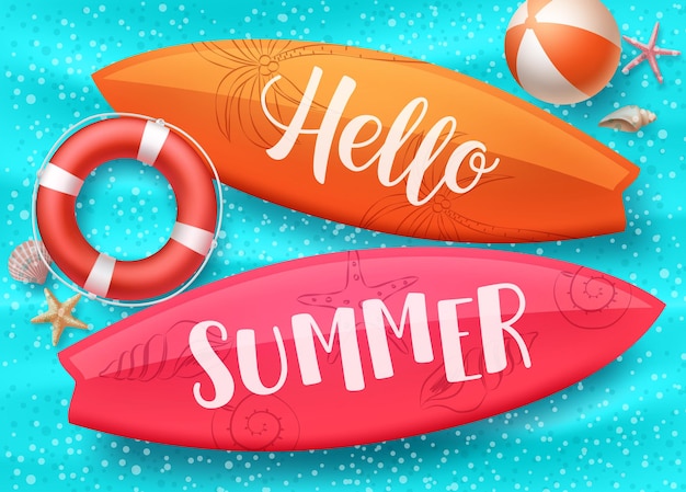 Hola diseño vectorial de verano con tabla de surf flotando en una piscina de agua azul y coloridos elementos de playa