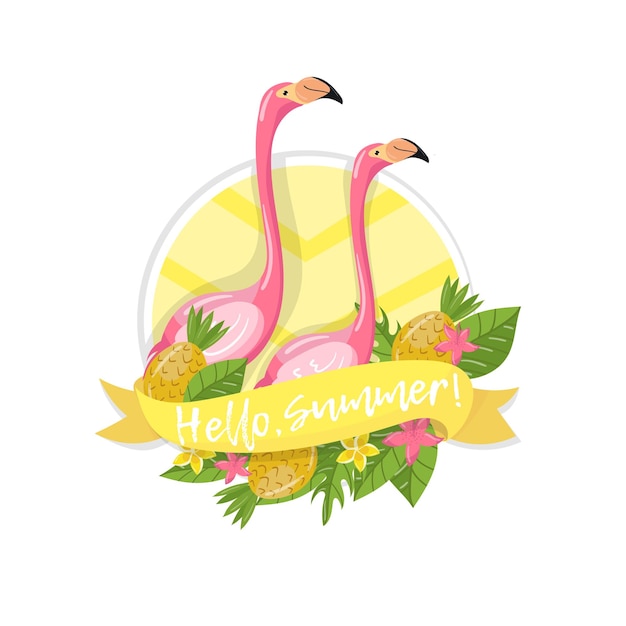 Hola elemento de diseño de etiqueta de verano con palmeras hojas flores piñas y pareja de flamencos vector ilustración