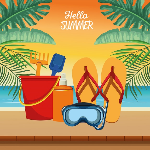 Hola escena estacional de verano con snorkel y chanclas