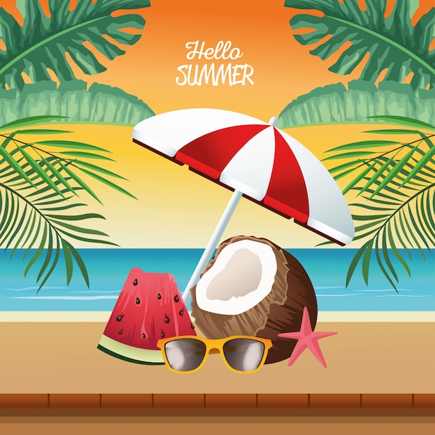 Hola escena estacional de verano con sombrilla y coco