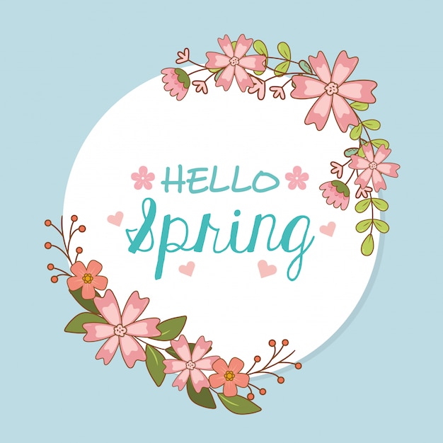 Hola etiqueta de primavera con corona de flores corona.