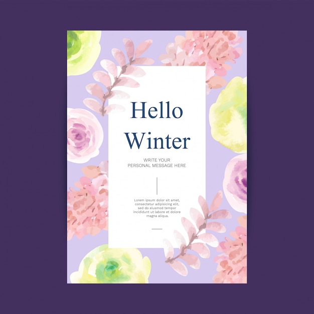 Hola fondo acuarela de invierno con atributos de invierno