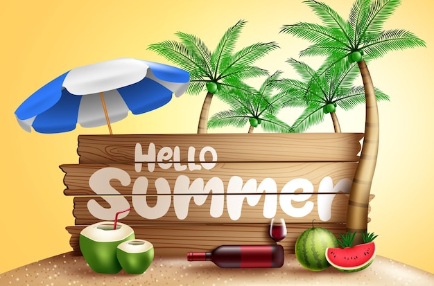 Hola fondo de banner de vector de verano hola texto de verano en lienzo de madera con elemento de palmeras