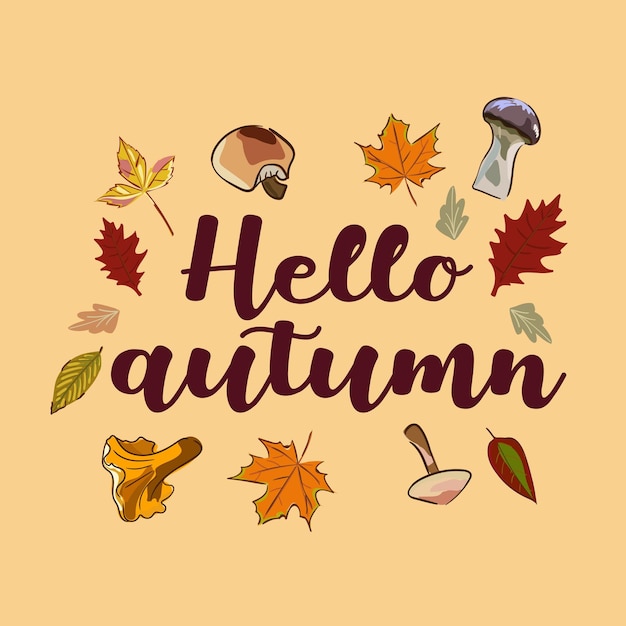 Hola fondo de otoño con hojas de otoño Concepto de vector otoñal de naturaleza Ilustración de temporada de hoja naranja y amarilla