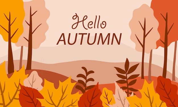 Hola fondo de otoño, saludos de otoño banner con escena de paisaje