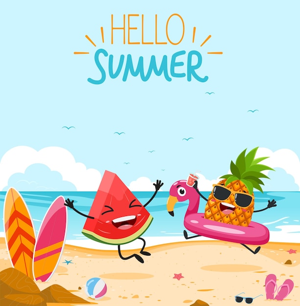 Hola fondo de verano con lindo dibujos animados de piña y sandía