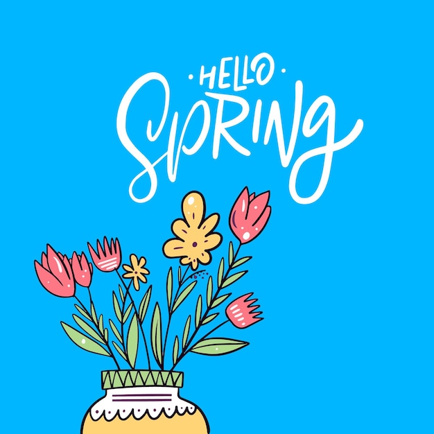 Hola frase de letras de primavera y ramo de flores ilustración vectorial dibujada a mano.