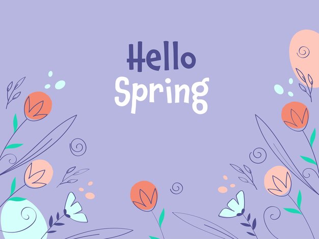 Hola fuente de primavera con flores de estilo Doodle, hojas decoradas sobre fondo violeta pastel.