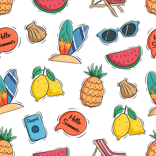 Hola iconos de verano con estilo de doodle de color o dibujado a mano