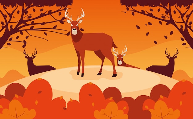 Hola ilustración de otoño con ciervos de grupo en paisaje