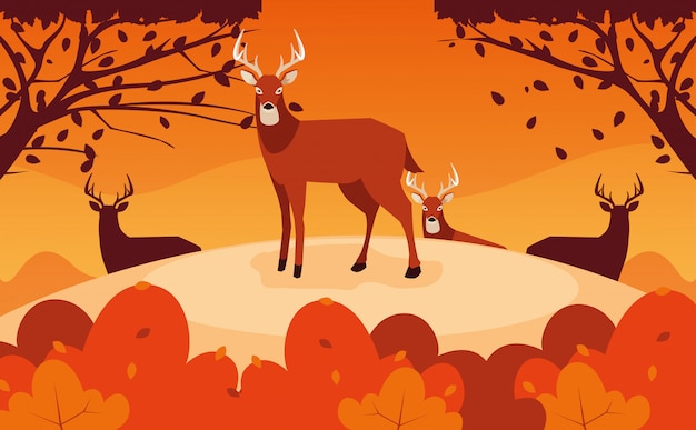 Vector hola ilustración de otoño con ciervos de grupo en paisaje