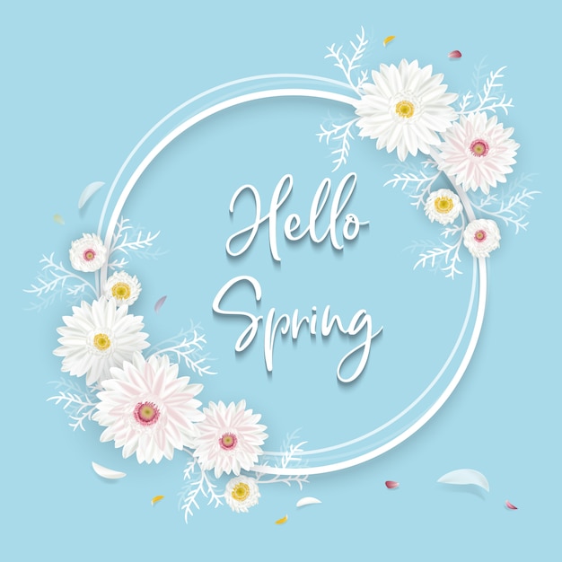Hola ilustración de primavera con decoraciones florales y lugar para texto