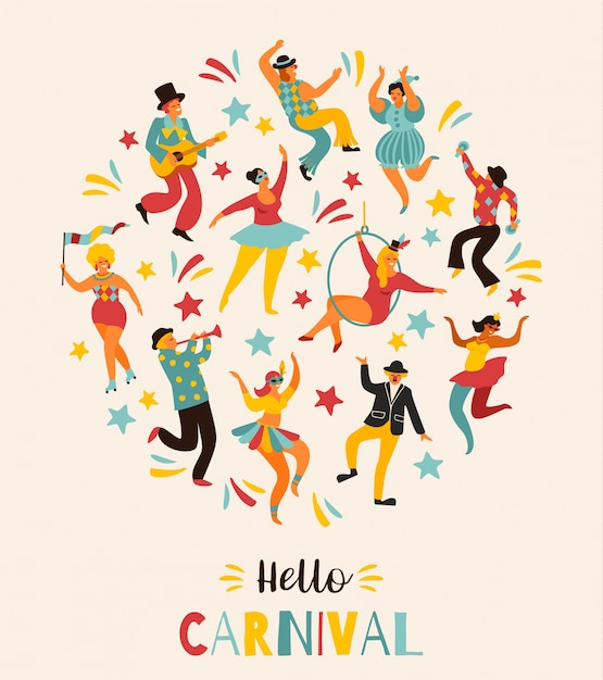 Hola ilustración de vector de carnaval de baile divertido hombres y mujeres en trajes brillantes.