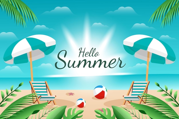 Hola ilustración de verano diseño de fondo de playa soleada con bolas y hojas de asiento de sombrilla