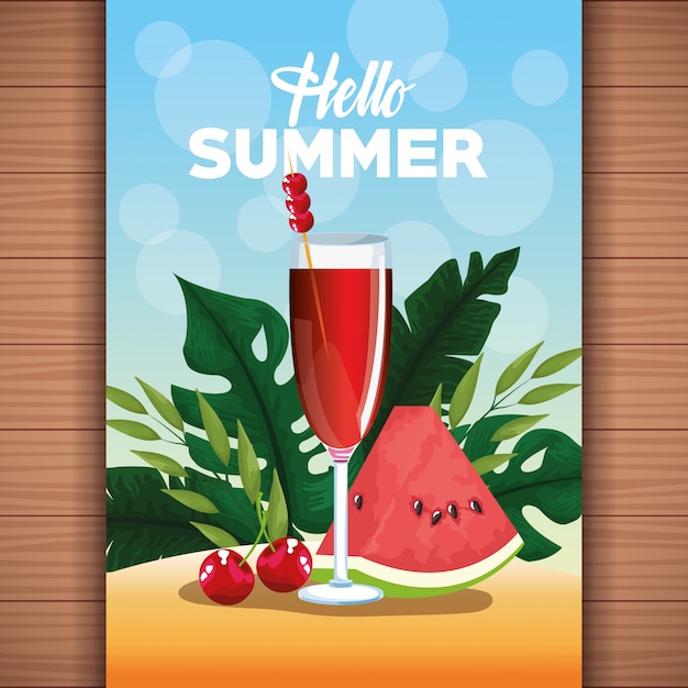 Vector hola ilustración de verano con elementos de dibujos animados.