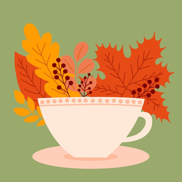 Hola impresión de estilo plano de vector de otoño con taza de café y hojas de otoño hojas amarillas y rojas de otoño detrás de la ilustración de la taza de café