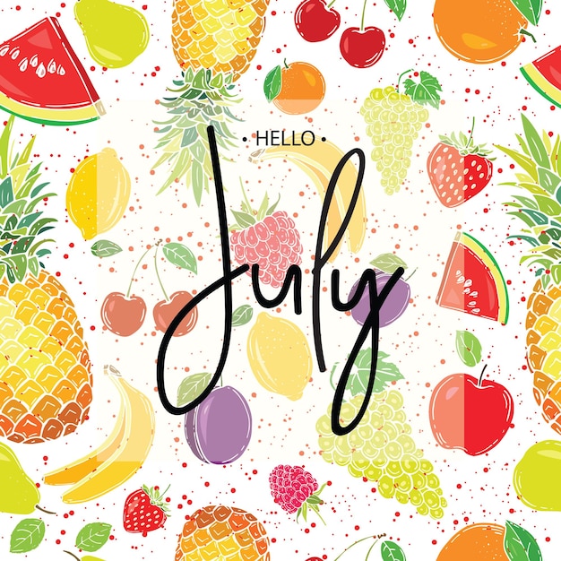 Hola inscripción de julio en el fondo de frutas ilustración vectorial